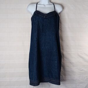 Vintage Old Navy Cross Back Spaghetti Strap 100% Cotton Blue Denim Dress Size 14